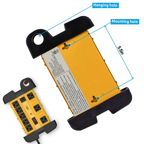 Back view of Heavy Duty Surge Protector Power Strip With 8 Outlets And 2 USB Ports, Metal Industrial Housing, mounting details visible.