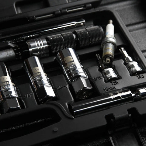 Fourteen Piece Three Eighths Drive Spark Plug Socket Set With Magnetic And Rubber Grip Sockets, Torque Wrench 5-45 Lb Ft, Swivel Joint, Extension Bar, Universal Joint, Torx And Hex Sockets, Includes 14mm And 16mm, Heavy Duty CRV Steel Build in case