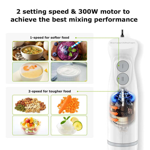 Kickass Two Speed Handheld Immersion Blender With Stainless Steel Blades Adjustable Mixing Speeds For Crushing Smooth Soups And Creamy Baby Food Purees Quick Kitchen Tasks showing mixing performance for soft and tough foods.