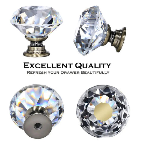 Crystal Cabinet Knobs Set 12 Pack Diamond Drawer Handles With Bronze Base Screws One And One Quarter Inch Clear Glass Knobs
