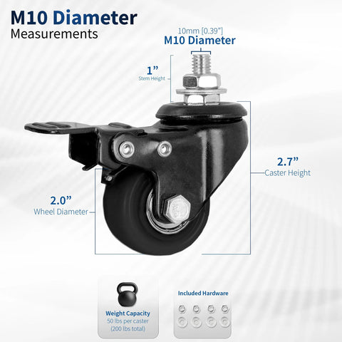 VIVO 2-inch M10 threaded locking caster with brake, swiveling black wheel for all-floor use