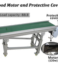 Inclined PVC Conveyor Belt System With Aluminum Frame, Motorized Drive, 59 Inch Length, showing protective cover and motor