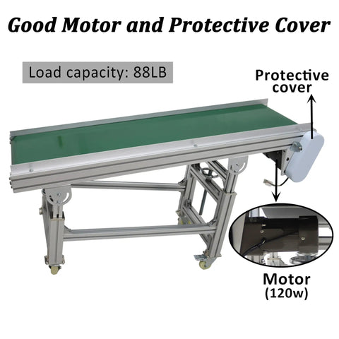 Inclined PVC Conveyor Belt System With Aluminum Frame, Motorized Drive, 59 Inch Length, showing protective cover and motor
