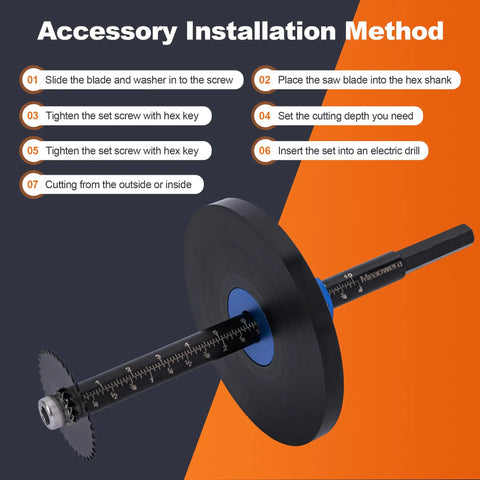 Workhorse Internal Pipe Cutter Set For PVC And ABS Pipes 360 Degree Rotating Cutter With Adjustable Depth Gauge shown with installation method diagram.