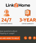 Link2Home customer service and warranty graphic with 24/7 support and 3-year limited warranty offer displayed.