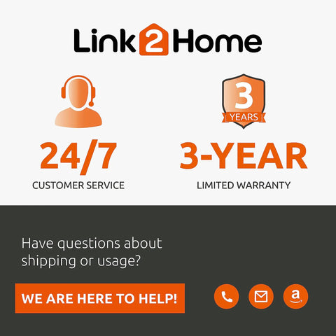 Link2Home customer service and warranty graphic with 24/7 support and 3-year limited warranty offer displayed.