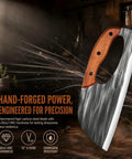 Hand Forged Chef Knife And Cleaver Set With Leather Sheath, Carbon Steel Viking Meat Cleaver displayed with wood handle and sharp blade.