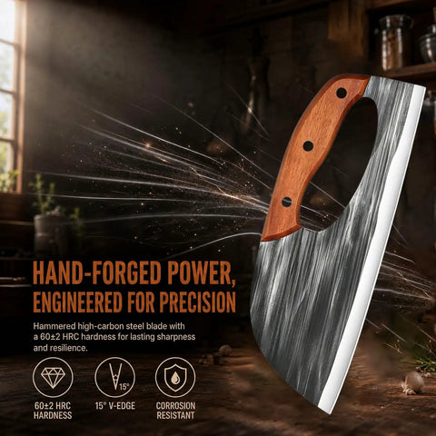 Hand Forged Chef Knife And Cleaver Set With Leather Sheath, Carbon Steel Viking Meat Cleaver displayed with wood handle and sharp blade.
