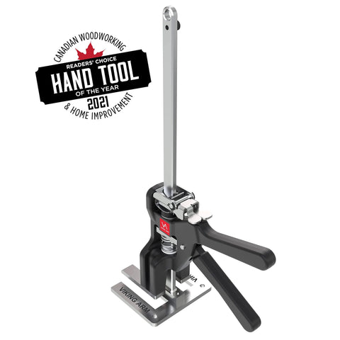 Viking Arm handheld jack/clamp with tall metal vertical bar, black handles, base plate marked VIKING ARM, front view