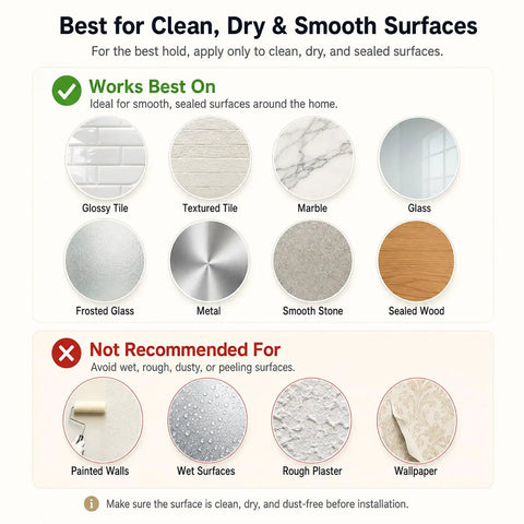 Image showing surfaces suitable for 2 Pack Rotating Adhesive Wall Hooks With Rugged Wood Grain Finish, including tile and glass.