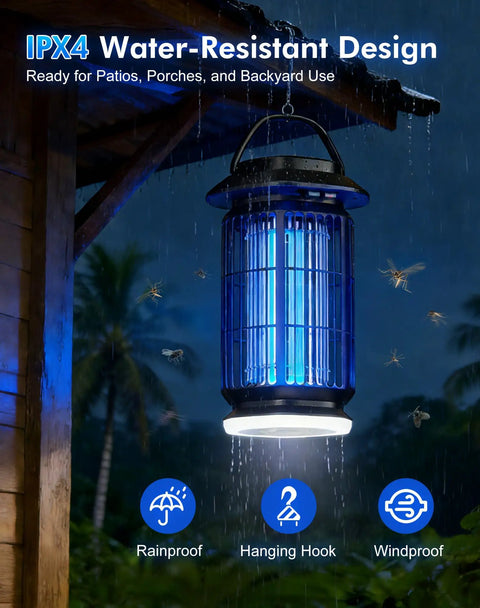Beast 4000V Outdoor Bug Zapper With Built In Night Light Electric Mosquito Killer Waterproof ABS Shell hanging in rain at night.