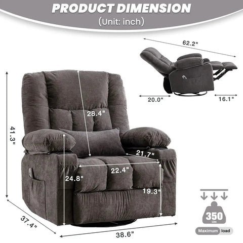 Oversized Recliner Chair For Adults With Vibration Massage And Lumbar Heating Swivel Rocker Recliner dimensions shown in inches