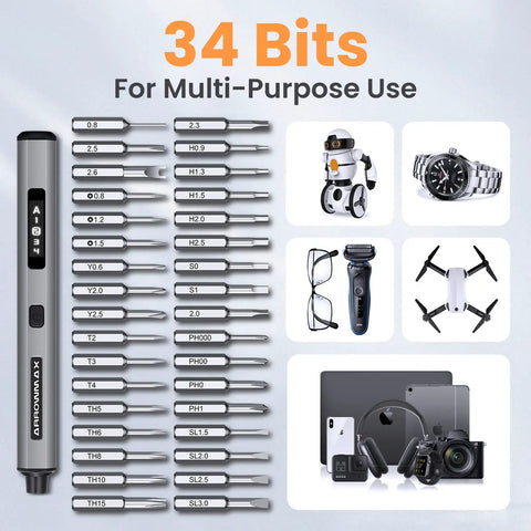 Cordless Precision Screwdriver Set With 34 Magnetic Bits, Smart Motion Control, Pro Grade, Rechargeable Tool Kit For Electronics Laptops Glasses Watch SES Pro Space Gray with images of compatible devices and bits.