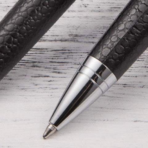 Close-up of Rotary 0.5mm Ballpoint Pen Set With Leather Grip, Metal Body And Smooth Gel Ink, tip detail