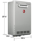 Outdoor Tankless Natural Gas Water Heater Cranks Out Rapid Eight Point Four Gallons Per Minute Flow profile with dimensions 27.5 x 18.5 x 9.75 inches.