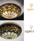 Tiffany Style Stained Glass Ceiling Light 3 Light Fixture 16 Inch Flush Mount shown with lights on and off