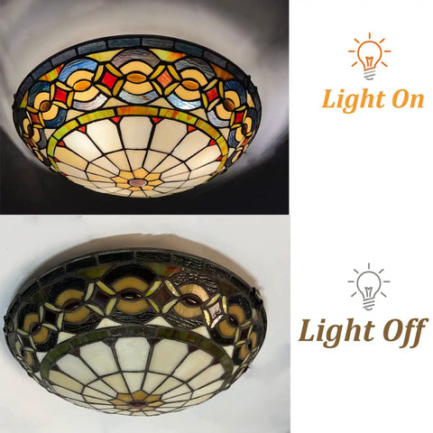 Tiffany Style Stained Glass Ceiling Light 3 Light Fixture 16 Inch Flush Mount shown with lights on and off