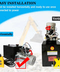 Horizontal and vertical setup of 12V Electric Hydraulic Pump Kit With 8 Quart Tank, Double Acting Power Unit For Dump Trailer And DIY Hydraulic Systems, Delivers Up To 3200 PSI, Heavy Duty Lift For Vehicles, Machinery, And Lifting Projects
