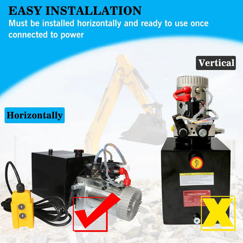 Horizontal and vertical setup of 12V Electric Hydraulic Pump Kit With 8 Quart Tank, Double Acting Power Unit For Dump Trailer And DIY Hydraulic Systems, Delivers Up To 3200 PSI, Heavy Duty Lift For Vehicles, Machinery, And Lifting Projects