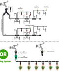 Diagram showing 240 Feet DIY Automatic Drip Irrigation Kit setup with 5/16 inch main line and 1/4 inch branch tubing for gardens.