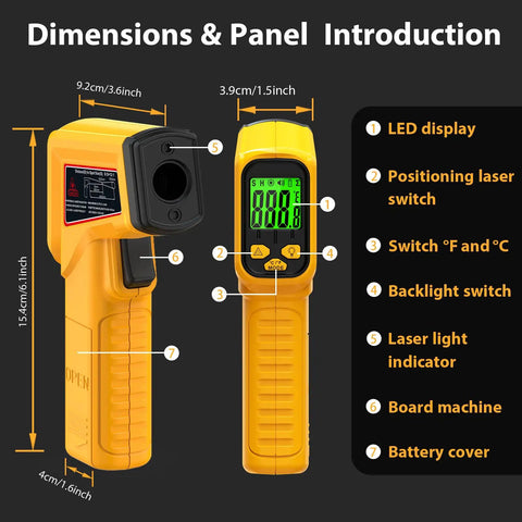 Infrared Temperature Gun Non Contact Laser Thermometer For Industrial And Kitchen Use With Adjustable Emissivity And Digital Readout -58F To 986F (-50C To 530C) Great For Oven Automotive And HVAC Not For Human showing display and controls