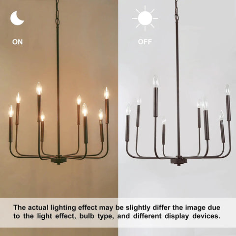 Dining Room Chandelier Lighting Fixture With Rustic Black Finish And White Specks, 26 Inch Diameter, Candle Style Pendant Light, Dimmable, Easy Install With Mounting Hardware Included, shown with lights on and off.