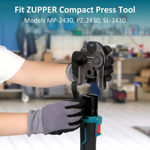 Person holding ZUPPER press tool jaw, part of 7 Piece Compact Press Jaws Kit For 1/4 Inch To 1 1/8 Inch Refrigeration Piping.