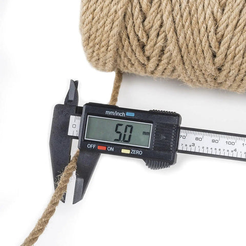 Caliper measuring 5mm thickness of Heavy Duty 100 Feet Jute Twine Rope for DIY Arts Crafts and Gardening, Natural Hemp Fiber.