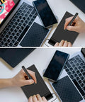 Hella Smooth 6x4 Inch Portable Graphics Drawing Tablet For Sketching And Osu Grinding With Built In Usb Cord Seamless Digital Signing Stylus Pad Pc Mac Creative Tool on desk with laptop and phone.