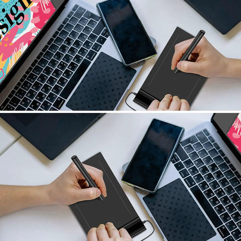 Hella Smooth 6x4 Inch Portable Graphics Drawing Tablet For Sketching And Osu Grinding With Built In Usb Cord Seamless Digital Signing Stylus Pad Pc Mac Creative Tool on desk with laptop and phone.