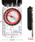 Glow In The Dark Hiking Compass With Waterproof Base Plate shown with dimensions, mirror sighting, and global needle.