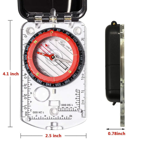 Glow In The Dark Hiking Compass With Waterproof Base Plate shown with dimensions, mirror sighting, and global needle.