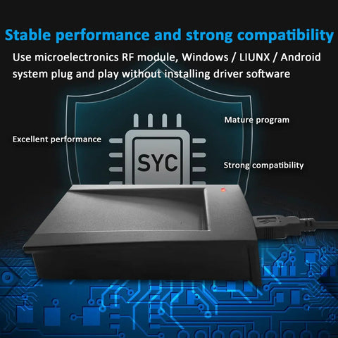 Dual Band 125KHz And 13.56MHz RFID Card Reader USB NFC lit up with technical overlay for PC Windows Linux Android ISO14443 A B IC ID