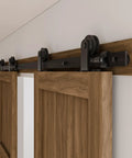 Heavy Duty Sliding Barn Door Hardware Kit With Black T Shaped Tracks For 33 Inch Wide Double Doors installed on wooden doors