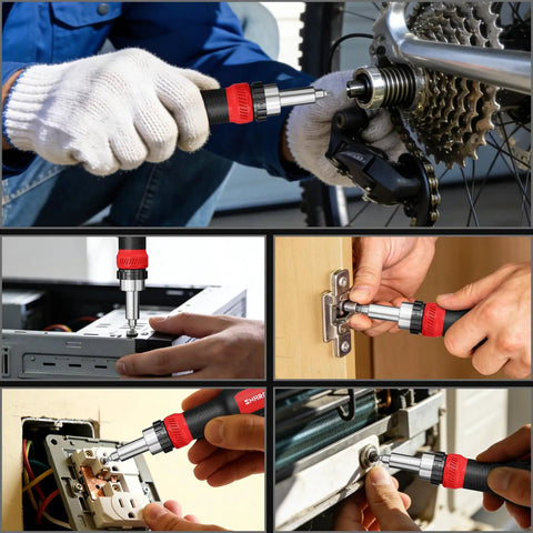 Ratcheting Screwdriver Set 26 In 1 With Double Ended CRV Bits Magnetic Demagnetizer in use on bike and home repairs