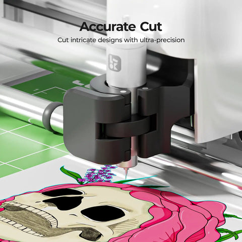 Cutting Machine 2 By HTVRONT 5 In 1 Vinyl Cutter with intricate skull design on 13-inch mat, showcasing precise cutting ability.