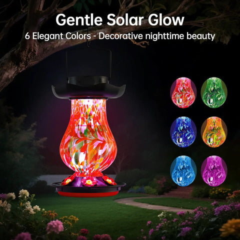 Solar Powered Hummingbird Feeder With 25 Oz Nectar Capacity Hand Blown Glass 6 Feeding Ports Moat Outdoor Hanging Color Changing LED Night Light