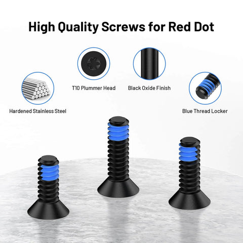 Nine Piece Red Dot Mounting Screw Set With Blue Thread Locker Size 6 32 Stainless Steel Screws In 7mm Diameter Includes 9.5mm 11mm And 12.5mm Lengths For Trijicon RMR SRO Optical Mounts Pro Grade Install Durable Construction.