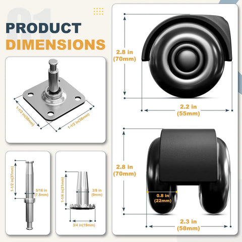 Product dimensions of Hard Core 2 Inch Swivel Caster Wheels Set Of 4 Built For Heavy Lifting including size and mount details.