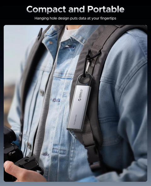 512GB Portable SSD With 460MB/s Speed, Hook Design External Drive attached to backpack strap, showing travel-ready design