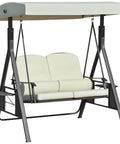 Two Person Patio Swing Bench With Adjustable Shade Canopy Cushions Throw Pillows And Tray Beige Outdoor Seating For Patio