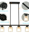 Close-up of 4 Light Pendant Light With Industrial Style For Kitchen Island, featuring double glass shades and metal frame.