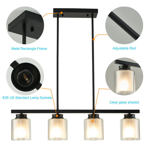 Close-up of 4 Light Pendant Light With Industrial Style For Kitchen Island, featuring double glass shades and metal frame.