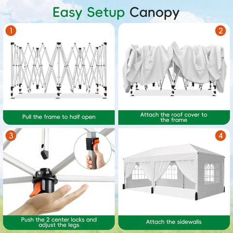 Setup steps for 10x20 Pop Up Canopy Tent With 6 Sidewalls Windows And Roller Bag for outdoor events.