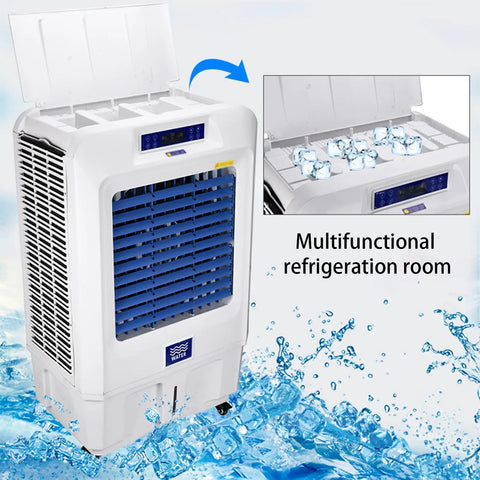 No Fuss Portable Evaporative Air Cooler, 3 Speed Swamp Cooler With Digital Timer And Deep Water Fill Tank showing ice compartment and cooling features.