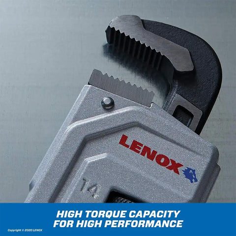 Close-up of Beefy Aluminum Pipe Wrench 14 Inch Lightweight Yet Tough With I Beam Design Forged Wide Jaws displaying torque capacity