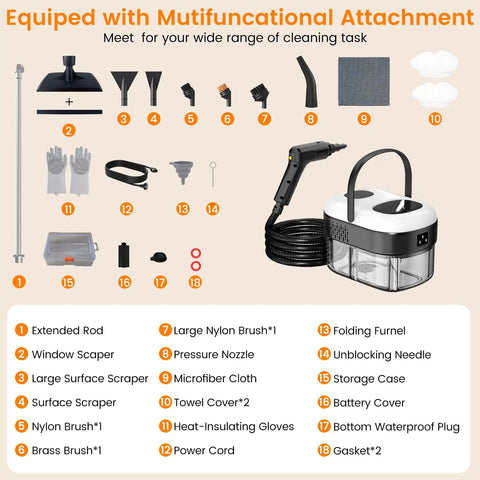 Powerful Handheld Steam Cleaner With 2500W Motor And 3 Bar Pressure Cuts Right Through Grease And Dust accessories and attachments