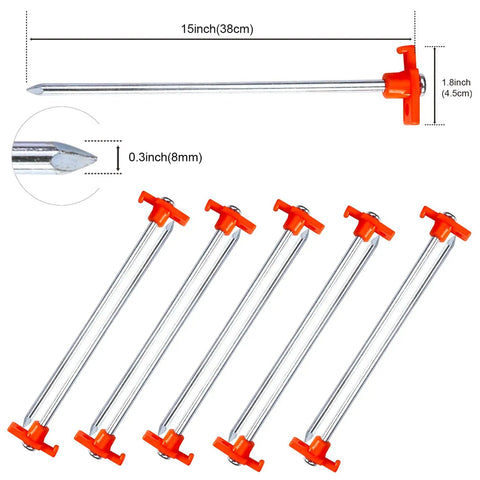 11 Inch Tent Stakes 10 Pack Heavy Duty Ground Anchors for Outdoor Camping and Gazebo Setup, shown with dimensions and orange top.