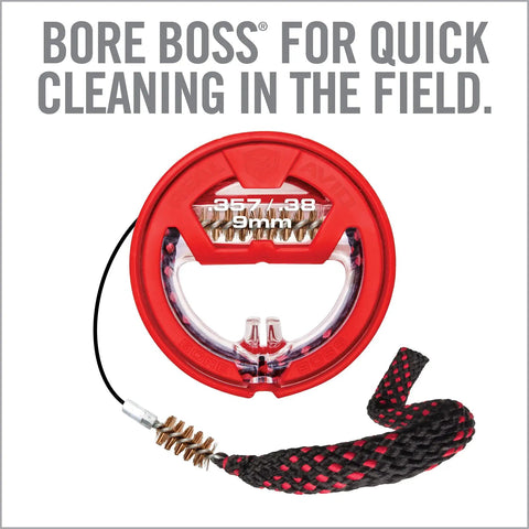 All In One 9mm Gun Cleaning Kit with red bore snake and brush for 9mm, 357, 38 handguns in a red storage case