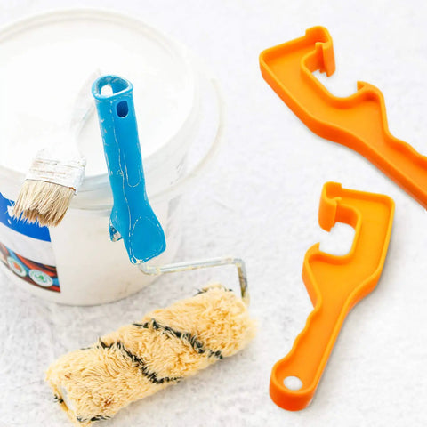 4 Pack Plastic Bucket Lid Openers For 5 Gallon Paint Cans Easy Lid Remover Wrench Tool in orange near paint can